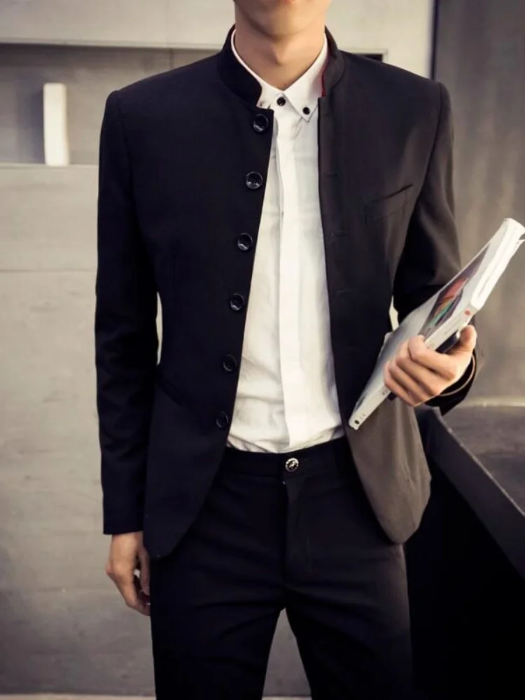 Mens Mandarin‑Collar Solid Black Blazer Jacket, Stand Collar Multi‑Button Slim Fit Outerwear for Daily Formal Occasion