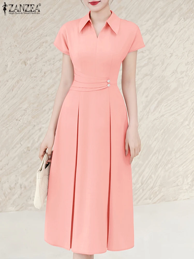 فساتين نسائية للمكتب 2025 من ZANZEA فستان صيفي متين بطيات OL للعمل فستان صيفي ميدي فيستدوس أنيق برقبة على شكل طية صدر وأكمام قصيرة للحفلات