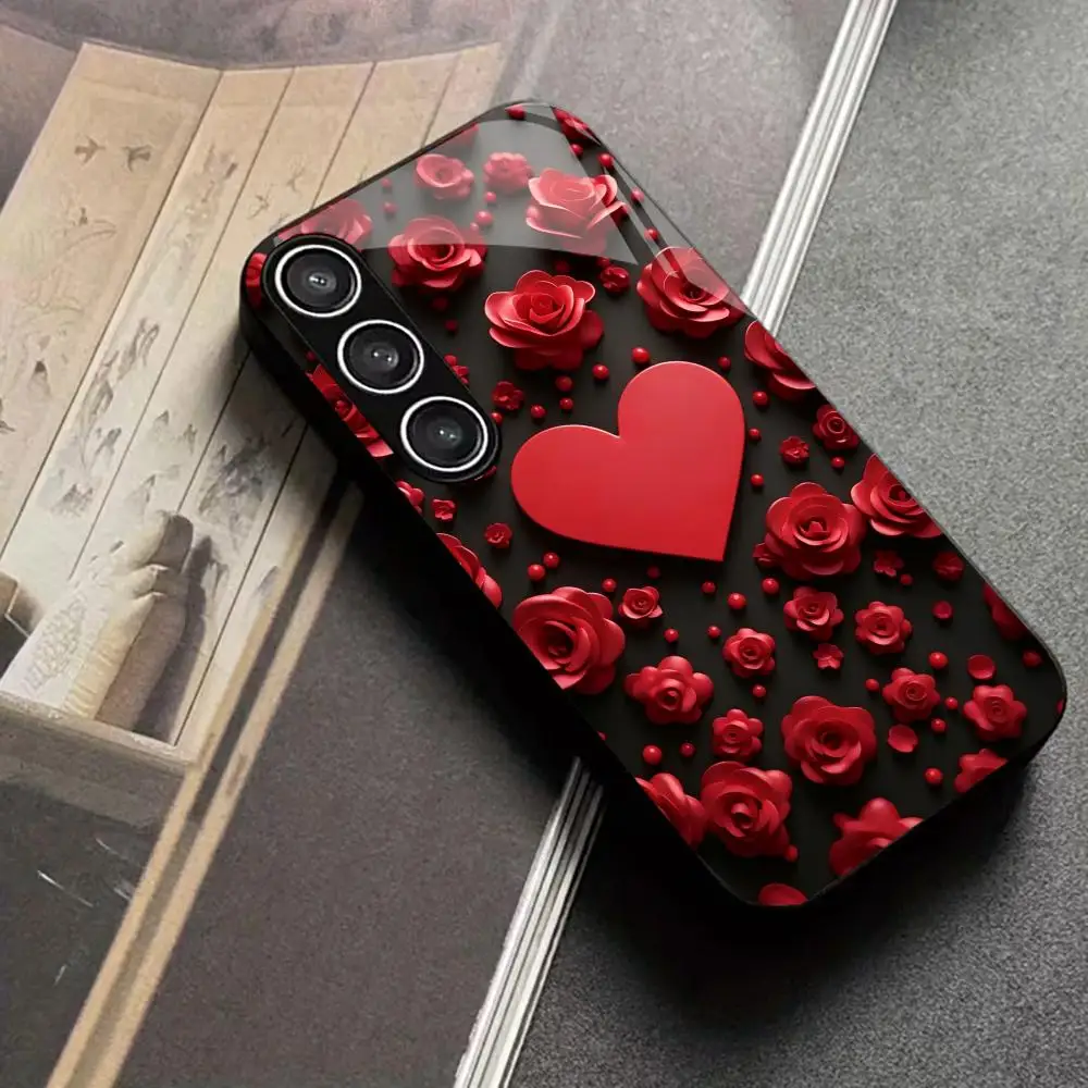 Rose heart tempered glass phone case suitable for Samsung Galaxy S26 S25 S24 S23 S22 S20 FE/Ultra/Plus anti drop back cover