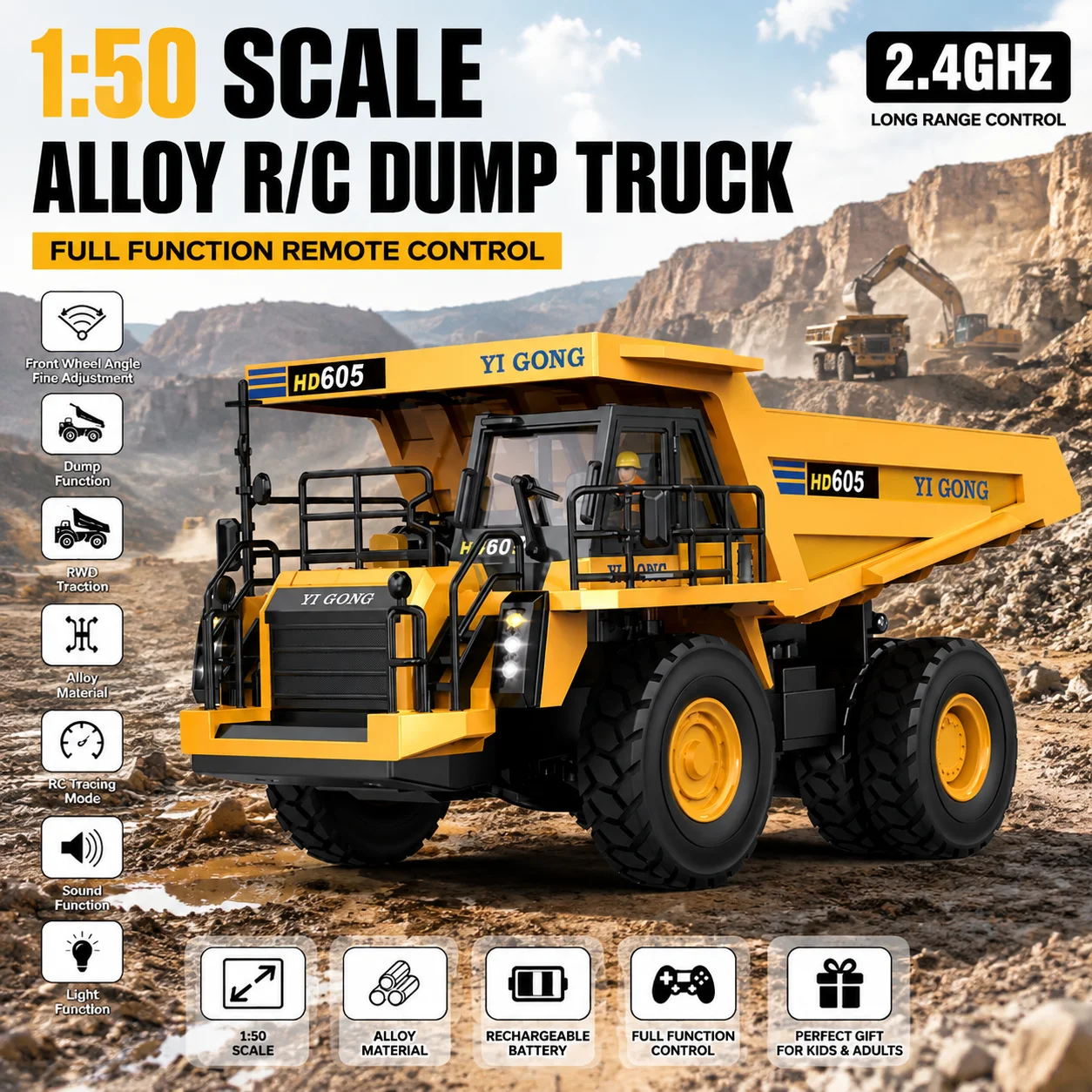 Upgraded Yi Gong 1/50 Mini Remote Control Model Loader Excavator Mining Truck Sand Screener Road Roller Engineering Vehicle Toys