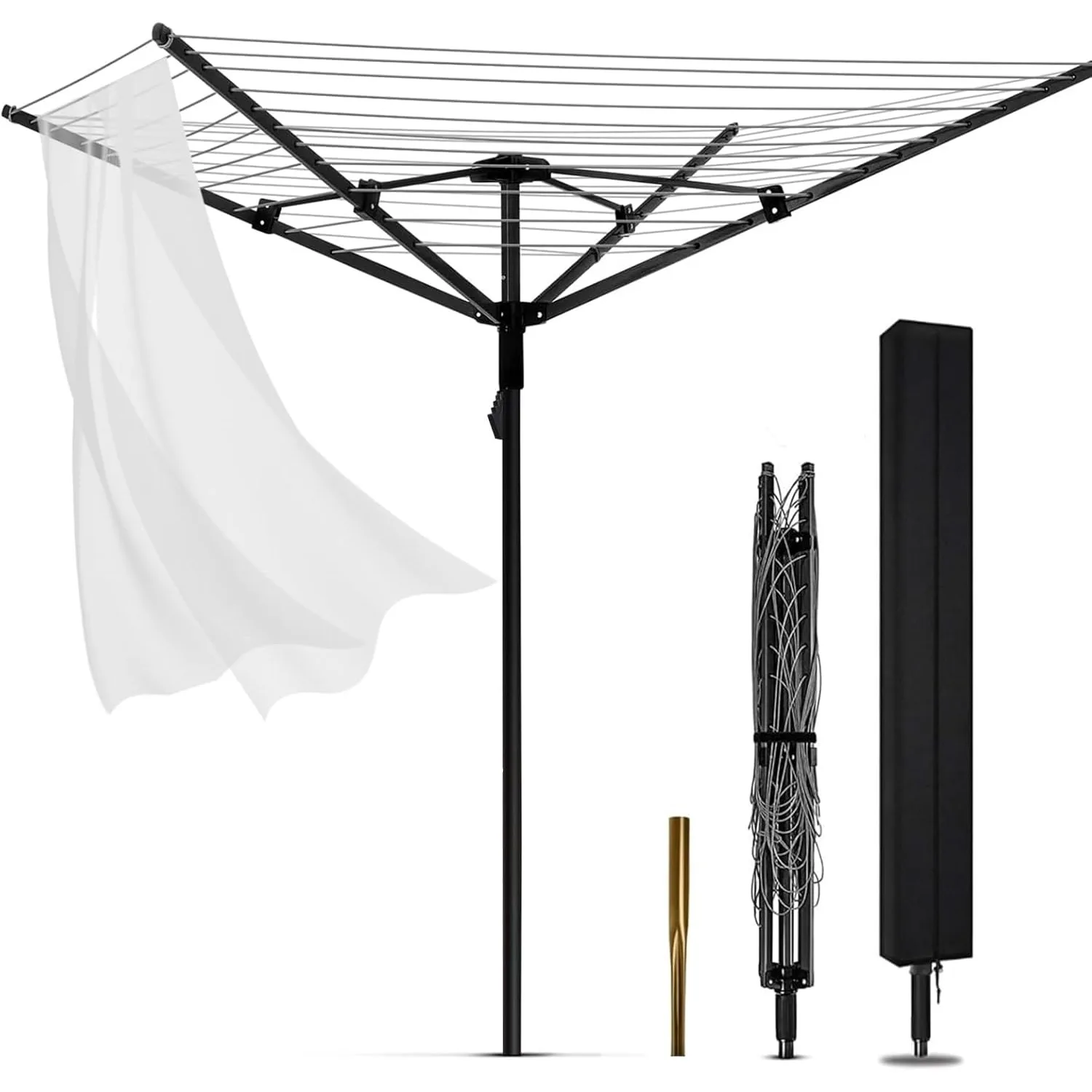 Umbrella Clothesline Outdoor, Rotary Retractable Clothes Line Outdoors Adjustable Height Drying Rack Clothing 4 Arms 12 Lines