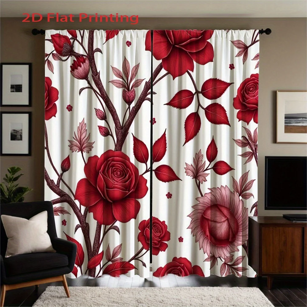 2pc Red rose floral pattern curtains, polyester fabric, machine washable, suitable for bedroom and living room décor.