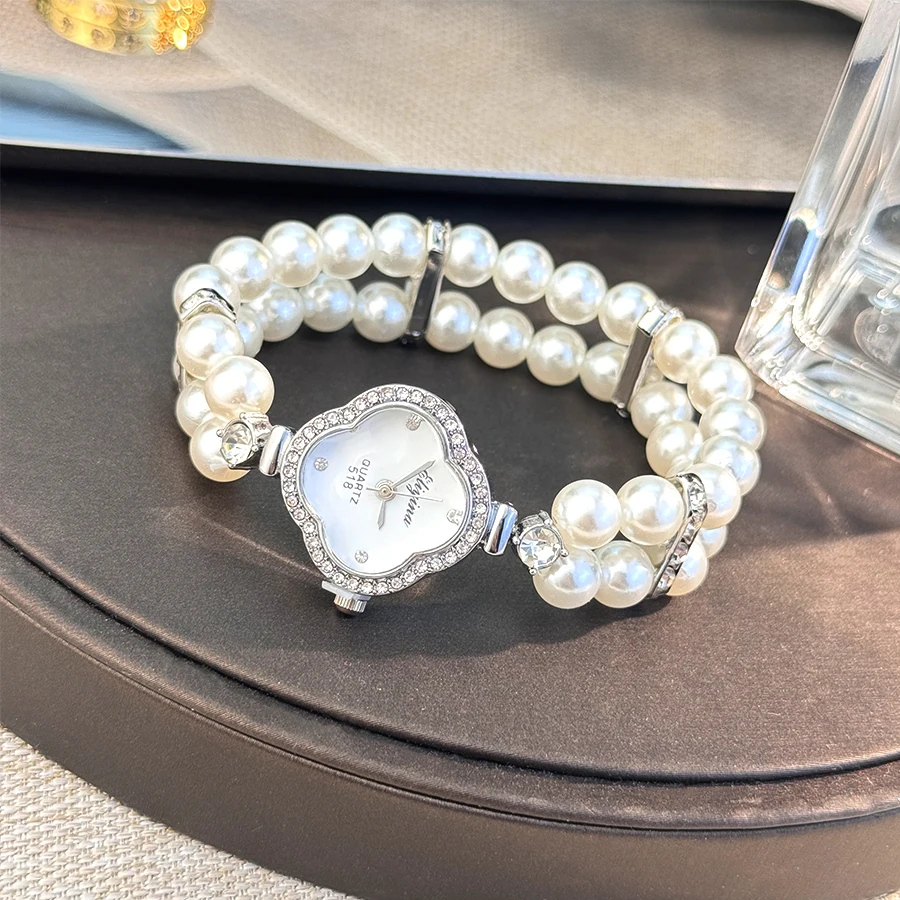 Classic Four-leaf Clover Diamond Encrusted Watch Case Lazy Elastic Pearl Bracelet Fashion Quartz Watch