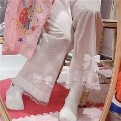 Lolita japonés Kawaii pantalones de pana de cintura alta para mujer, pantalones de pierna ancha de encaje con lazo dulce, ropa Vintage femenina, pantalones sueltos lindos