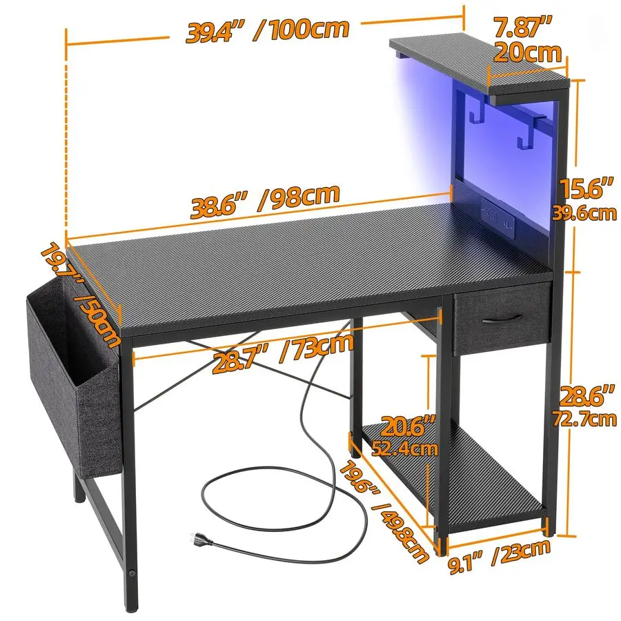 Gaming Desk 40 inch with Power Outlet and LED Light, Computer Desk with Reversible Shelves and Storage Drawer, Small PC Desk fo