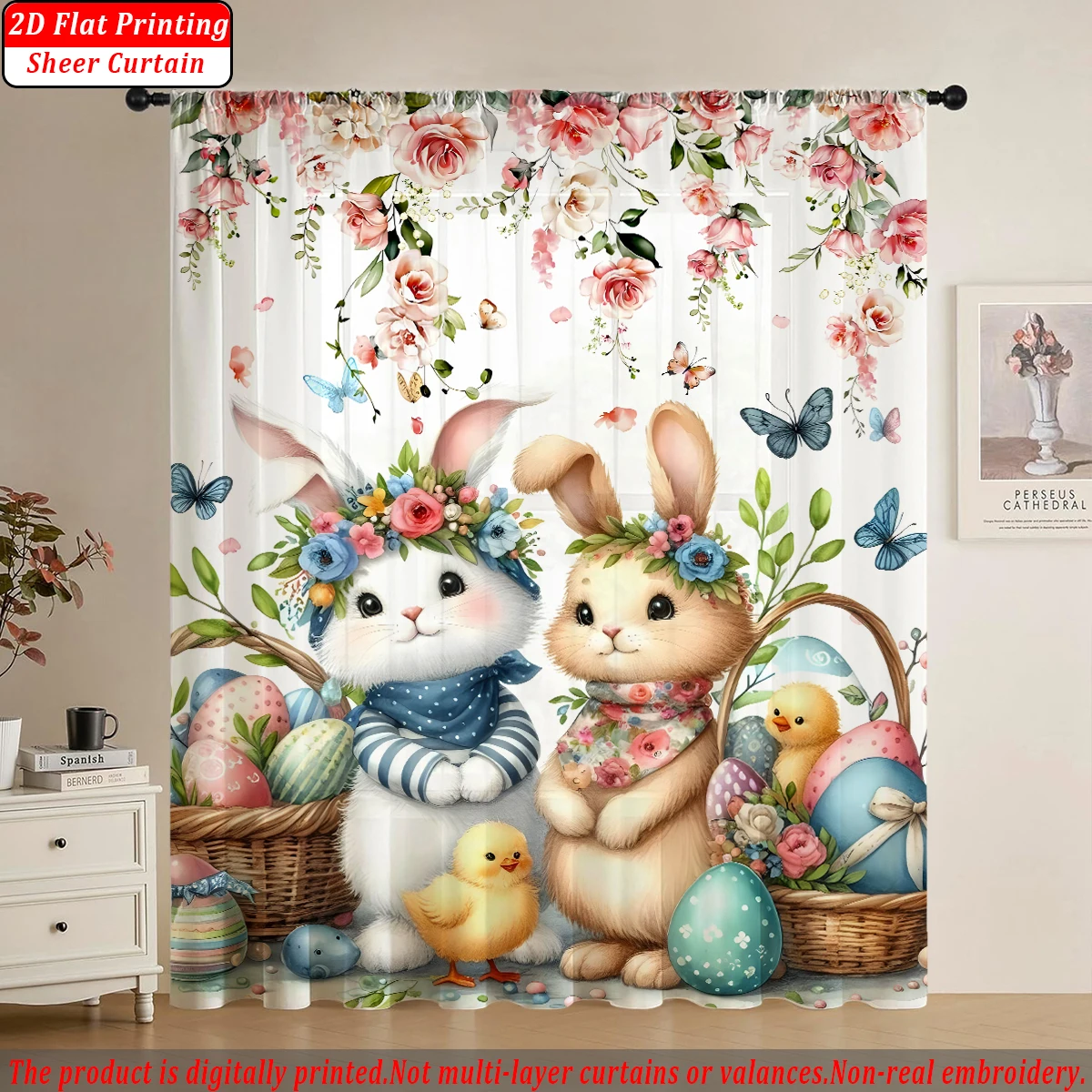 Rabbit Rose Easter Egg Butterfly Flat Printing Sheer Curtain，Light Fabric，for Living Room Bedroom Home Door and Window Decor
