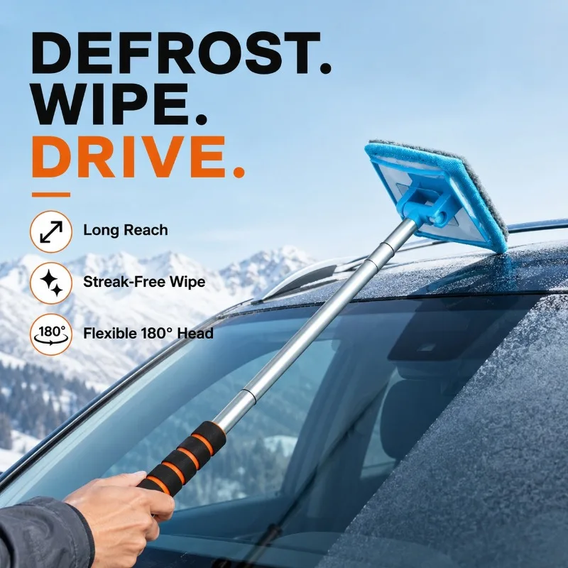 Telescopic Car Windshield Cleaner with Microfiber Pad 180° Rotating Head Retractable Handle for Window Sunroof Glass Care Tool