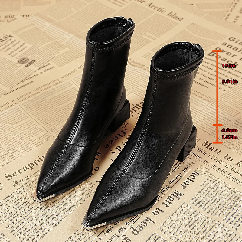 الخريف الشتاء موضة أشار تو حذاء من الجلد النساء موجزة كعب سميك أحذية الشارع نمط حفلة قصيرة بوتاس Mujer