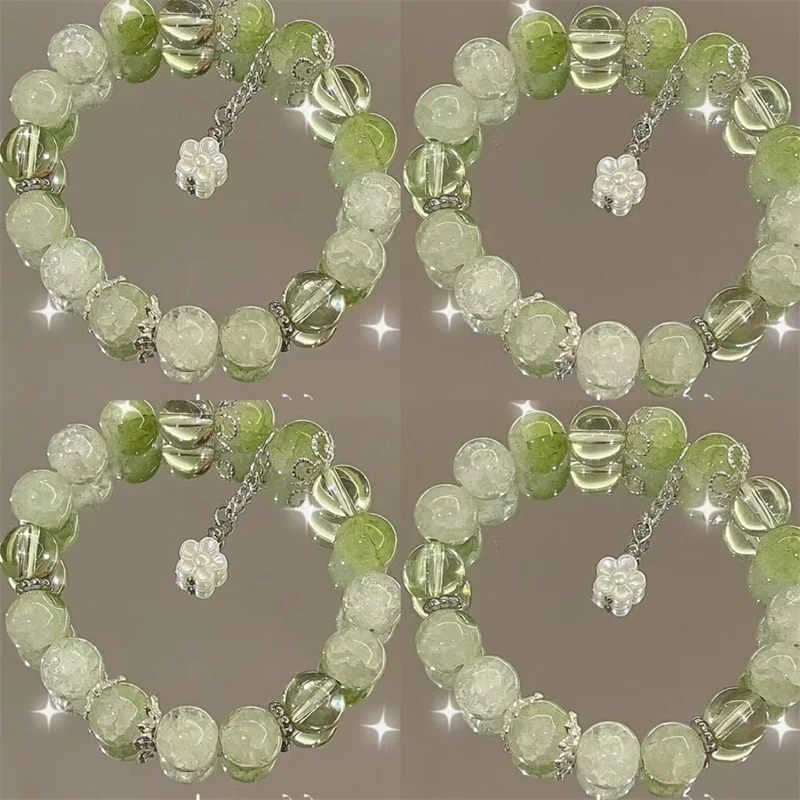 Pulseira de cristal pipoca verde simples para mulheres, coreano Ins, flor, raposa, pena, pulseiras borla, presentes de amizade jóias, meninas