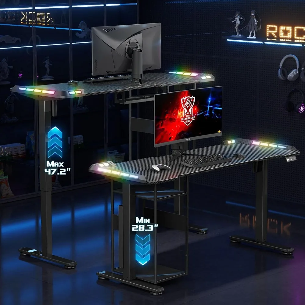 Illuminated Adjustable Desk with Music-Synced LED, 55 x 24 Smart Gaming Desk with Cable Management