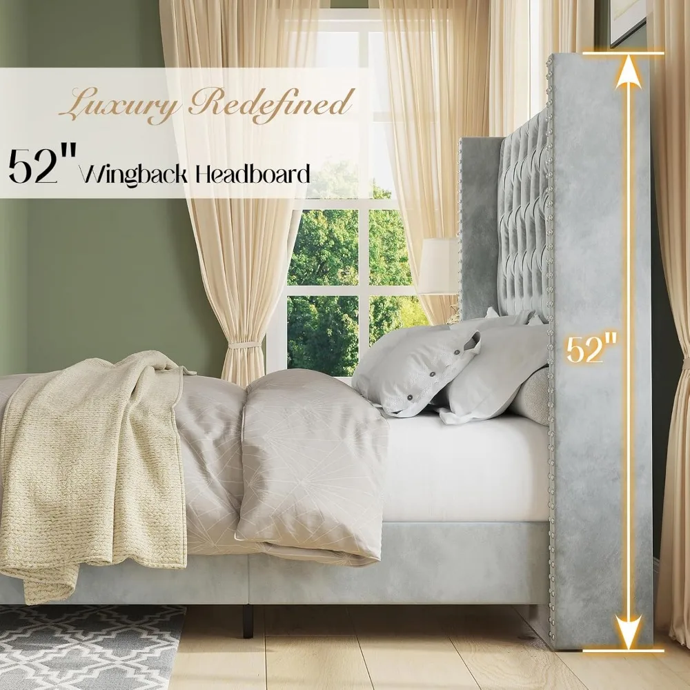 Queen Bed Frame, Velvet Upholstered Platform Bed with 51.6" Tall Wingback Headboard, No Box Spring Needed, Bed Frame