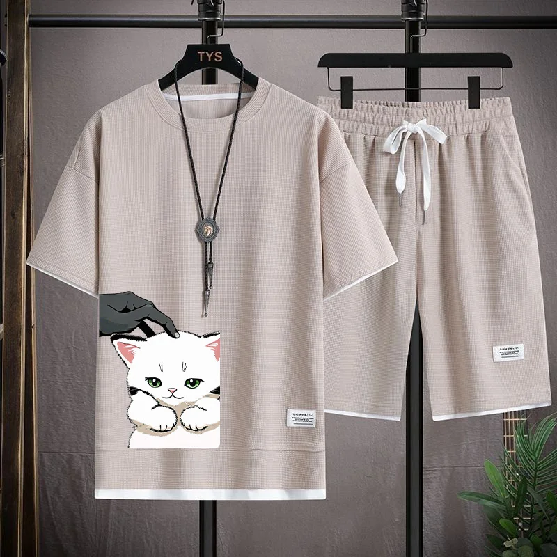 

Trendy Ice Silk ort Sve ort Pants Set for Boys Summer Casual Youth Brand Polyester Fiber 00% T-irt Five-Quarter Pants