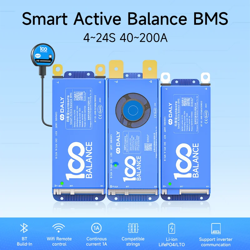 Daly BMS Smart BMS 4S Lifepo4 Bluetooth Wifi BMS 8S 24S 40A 60A 80A 1A aktive Balance BMS 16s 48v Lifepo4 BMS Lifepo4 100A