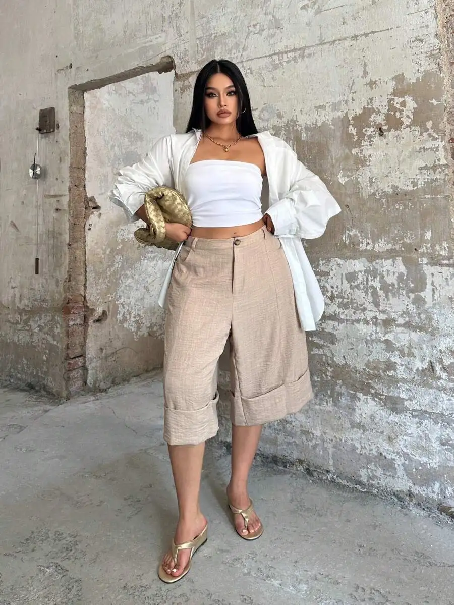 

High Waist Wide Leg Cuffed Capri Pants For Women Loose Casual Summer