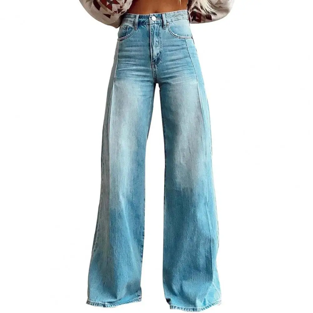 Women Wide Leg Pants High Waist 3D Print Casual Trousers with Pockets Button Zipper Closure Denim Pants