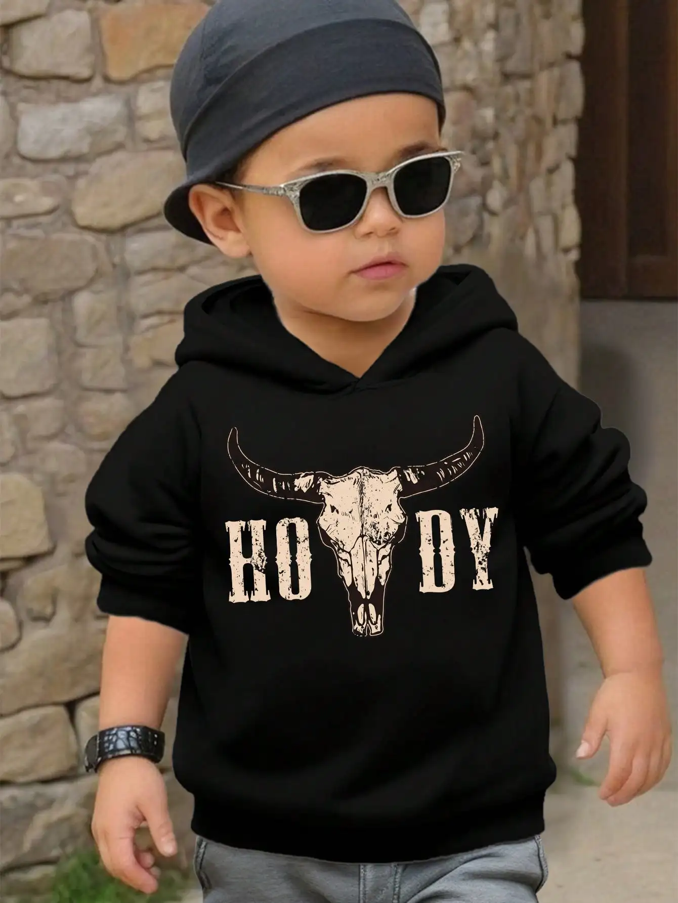 

Children's denim pattern loose casual hooded knitted long sleeved sportswear, suitable for autumn and winter wear