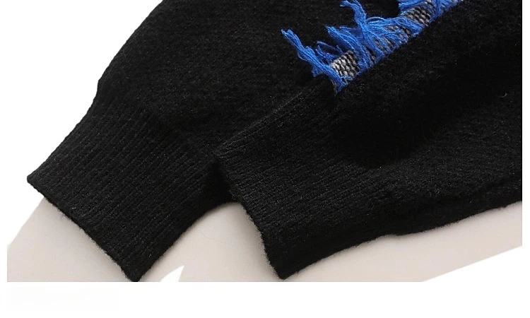 New American High Street Black Color Block Cardigan Sweater for Men Cool and Handsome Coffee Color Tassel Design Knitted Sweater