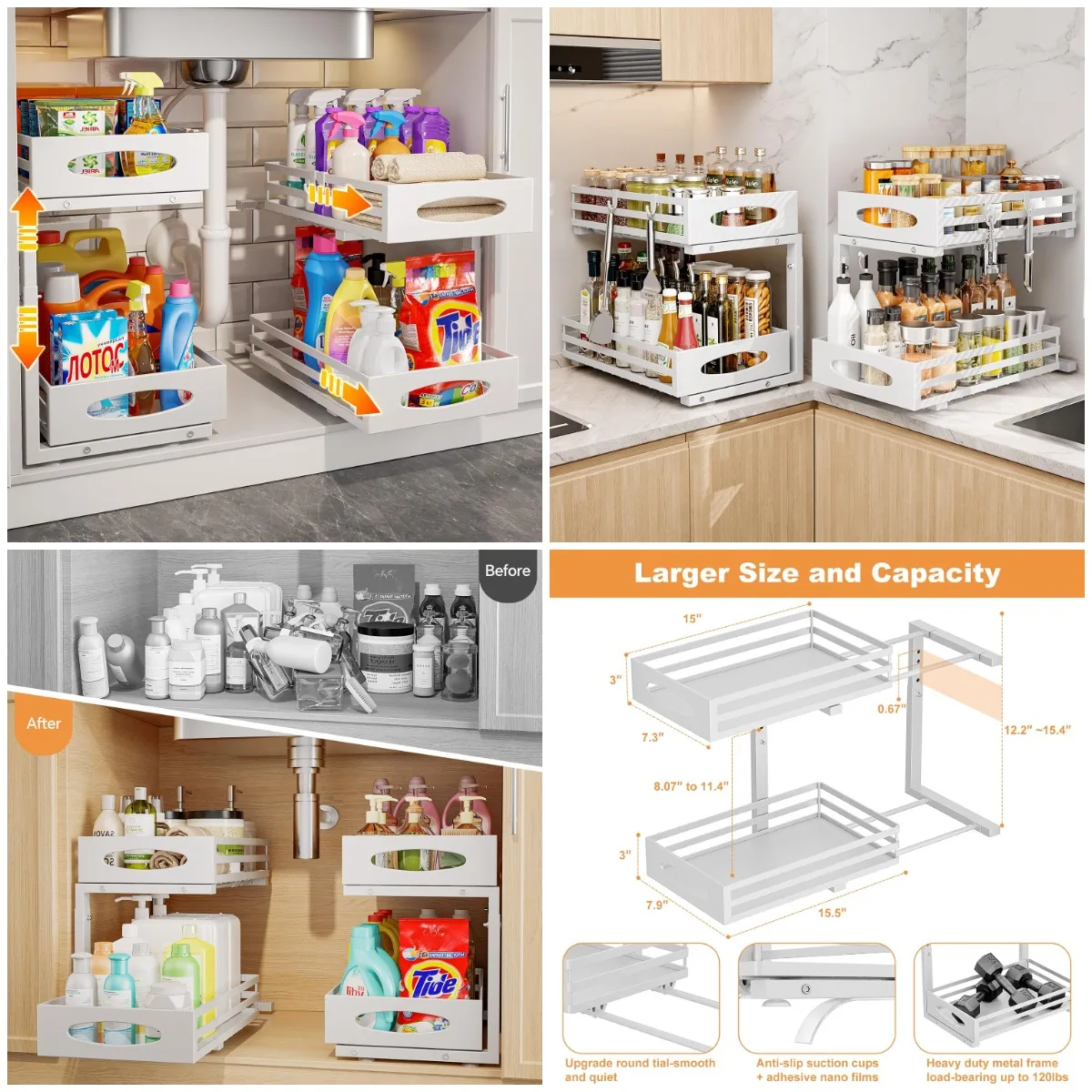 

2-Tier Under Sink Organizer, Adjustable Slide-Out Metal Shelf, White, 2-Pack