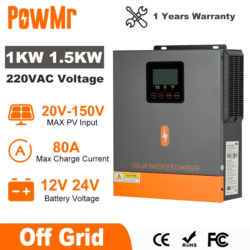 PowMr 1000W 1500W Hybrid Solar Inverter 12V 24V 220V Off Grid Pure Sine Wave Inverter Dual Output with MPPT 80A Solar Charger