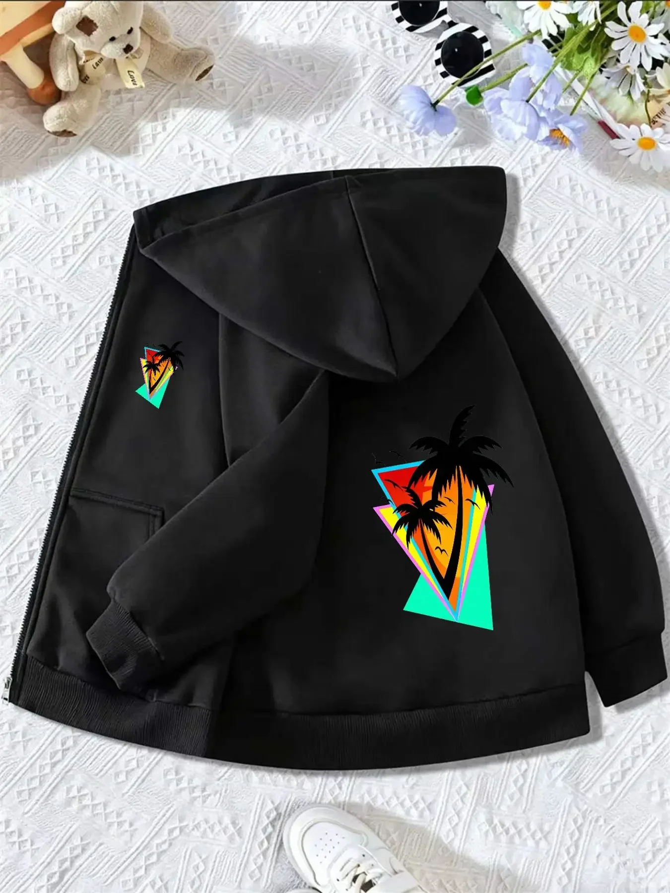 Kids Zip Hoodie Retro Triangle Tropical Palm Tree Graphic Print Long Sleeve Loose Hooded Jacket For Boys Girls Casual Outerwear