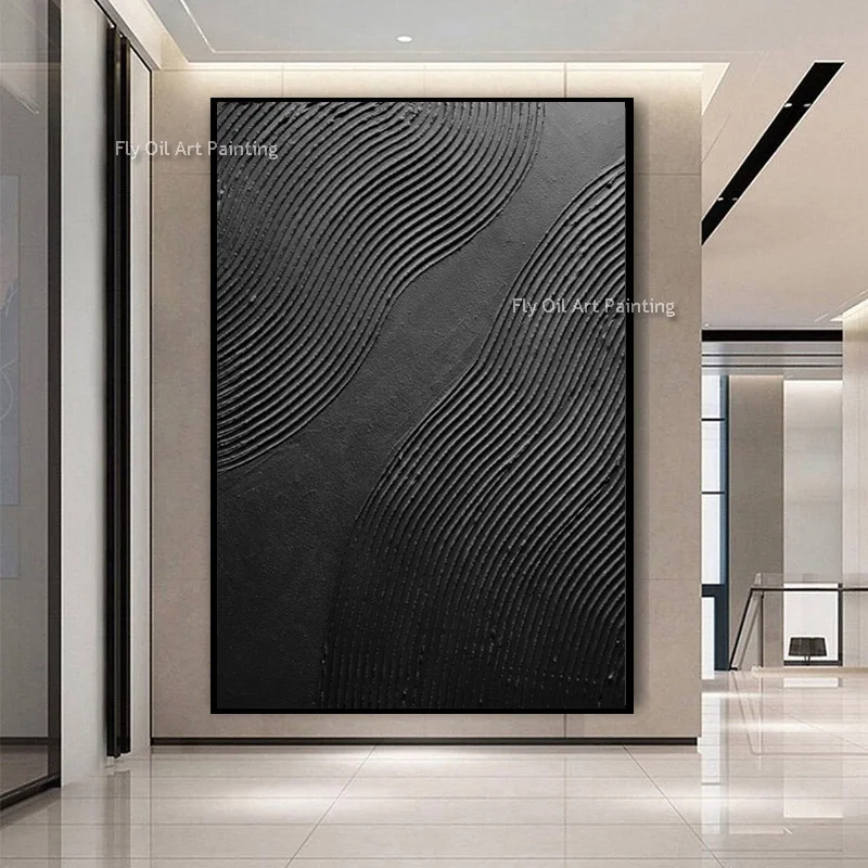 Simple Fashional Design Artwork Handmade Pure Black Texture Thick Oil Painting On Canvas Large Grey Black Home Hall Wall Decor