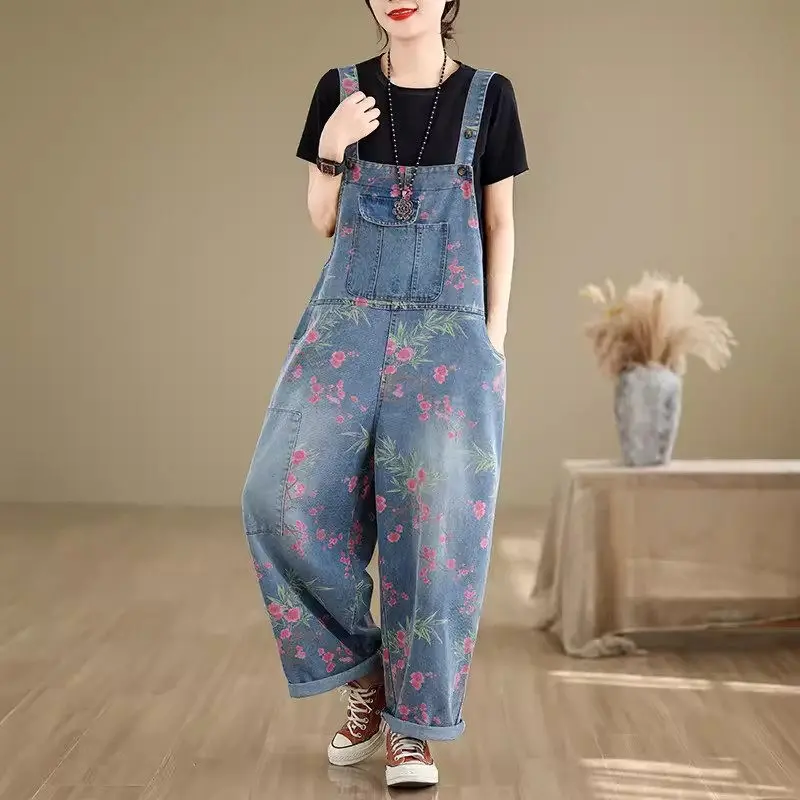 Floral Denim Strap Pants Summer Loose Casual Fashionable Versatile Artistic Trendy Oversized Jeans Jumpsuit For Women k796