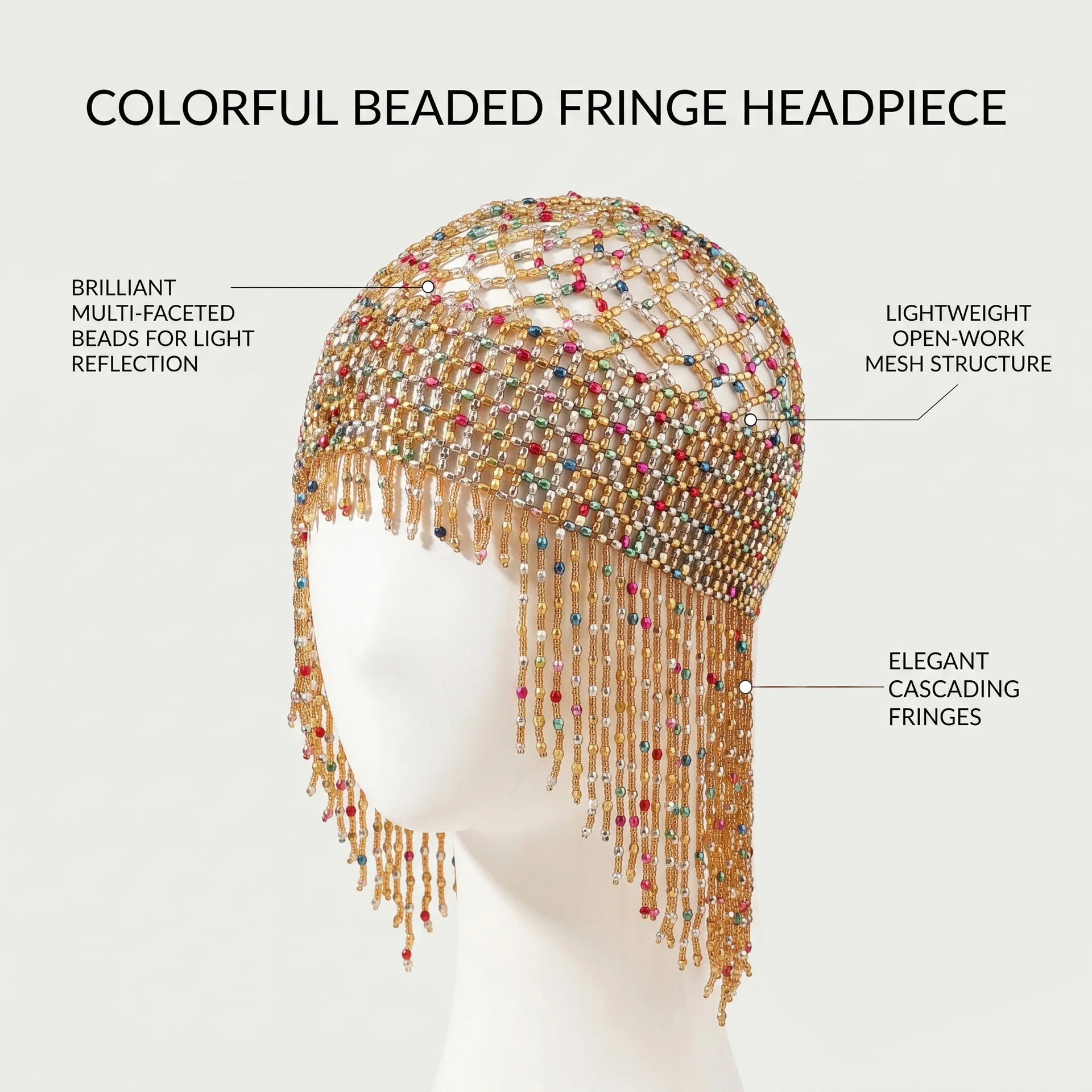 Belly Dance Beaded Tassel Hair Chain Vintage Colorful Handmade Woven Mesh Hair Cap European American Headpiece Hair Accessories