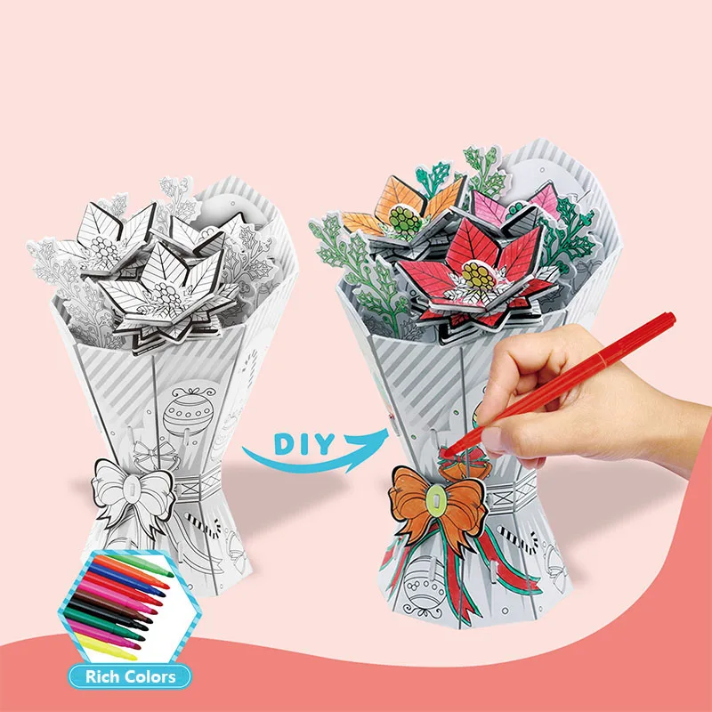 Buquê de flores educacional quebra-cabeça modelo floral 3d quebra-cabeça diy pintura graffiti cor brinquedos para crianças melhores presentes de aniversário para crianças