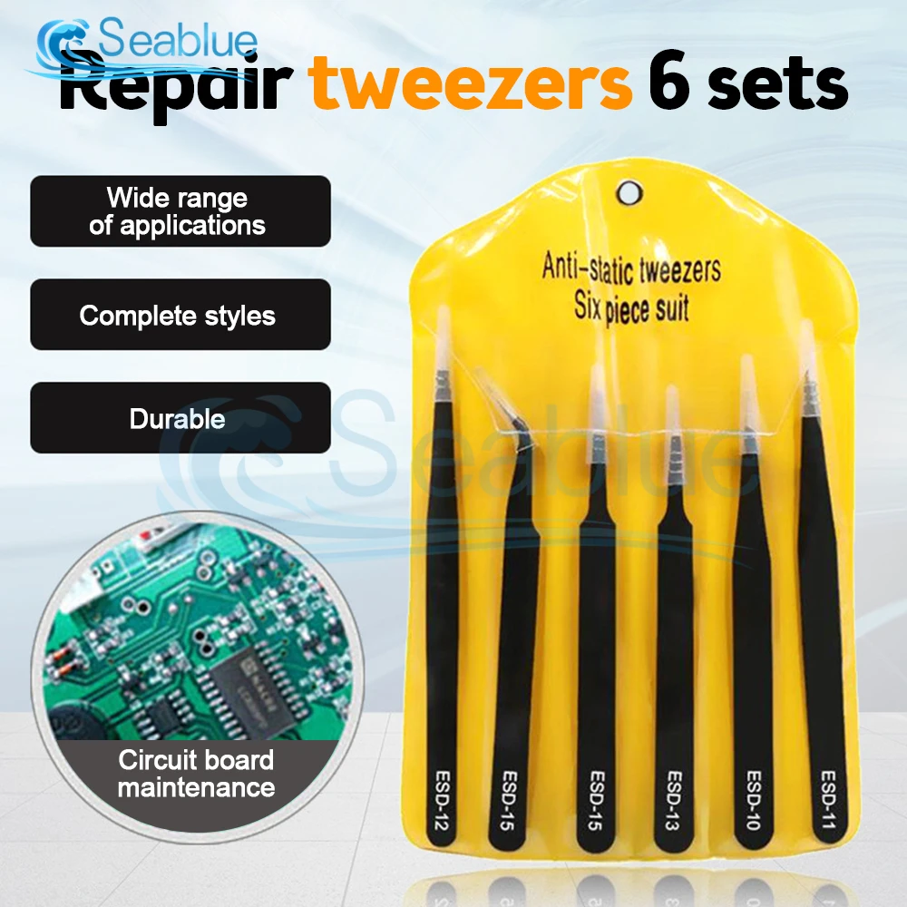 6pcs Anti-static Stainless Steel Tweezers Maintenance Tool Kits Mobile Cell Phone Repair Refurbished Tool Sets for iPhone