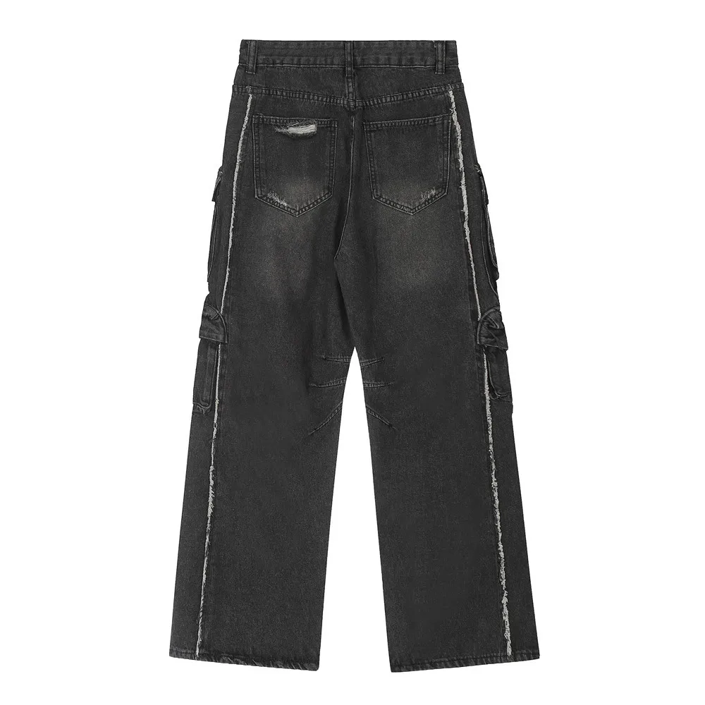 Men's Black Blue Solid Color Casual Trendy Simple Basic Multi Pockets Denim Trousers Vintage Fashion Male Jeans Pants Clothes