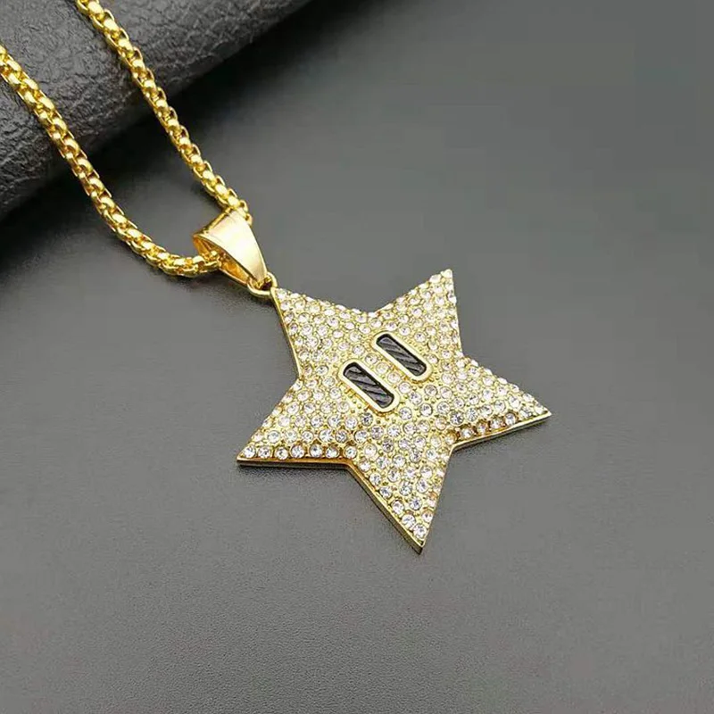 Hip Hop Bling Iced Out Gold Color Stainless Steel Starfish Star Pendants Necklaces for Men Rapper Jewelry Drop Shipping