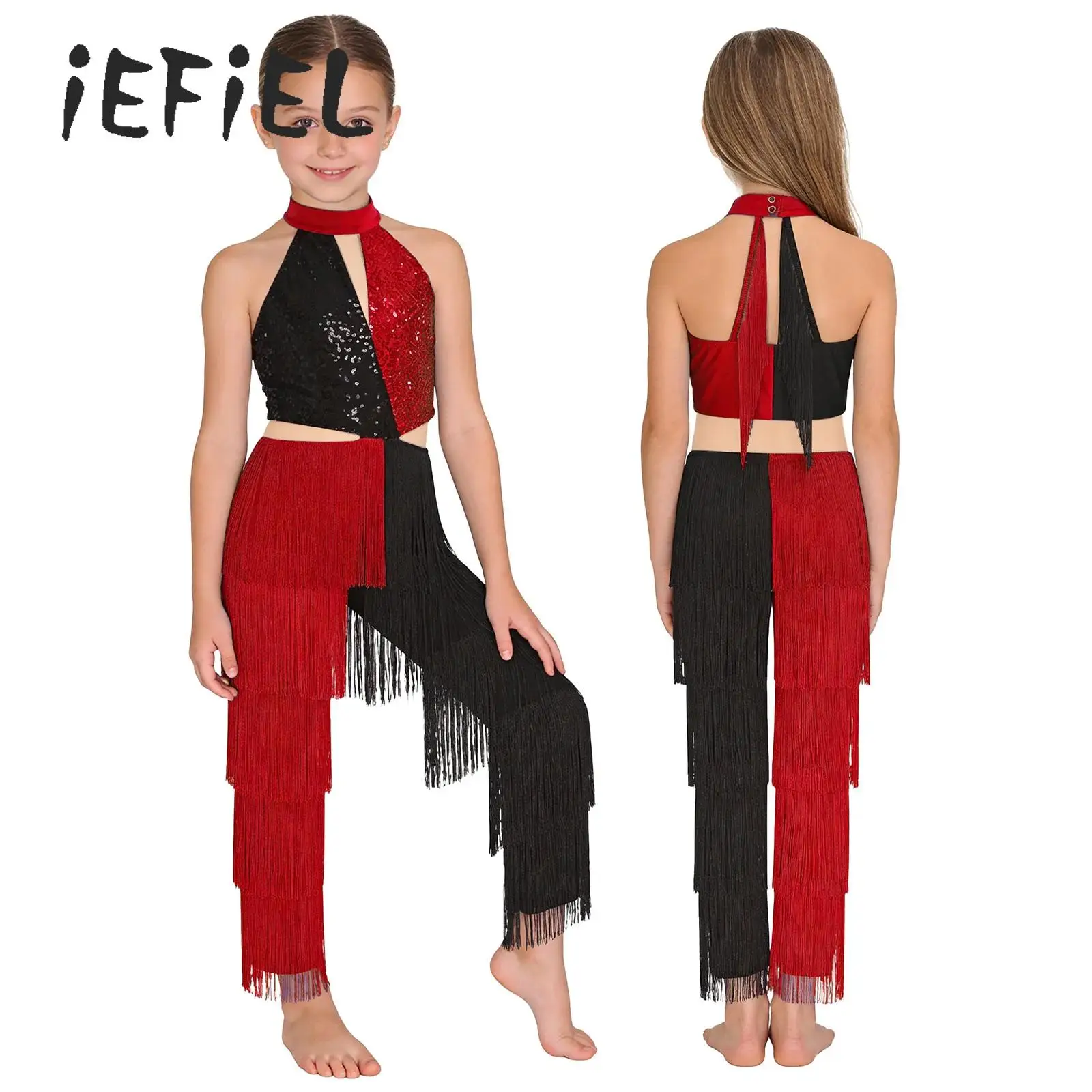 

Kids Girl Latin Dance Disco Party 70s Sequin Tassel Jumpsuit Party Performance Costume Contrast Color Fringe Long Pants Bodysuit