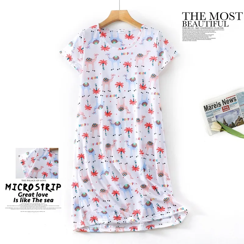 Summer Women Casual Print Sleep Dress Cotton Loungewear Nightgown Female Short Sleeve Top Quality Loosen Plus Size Home Dress