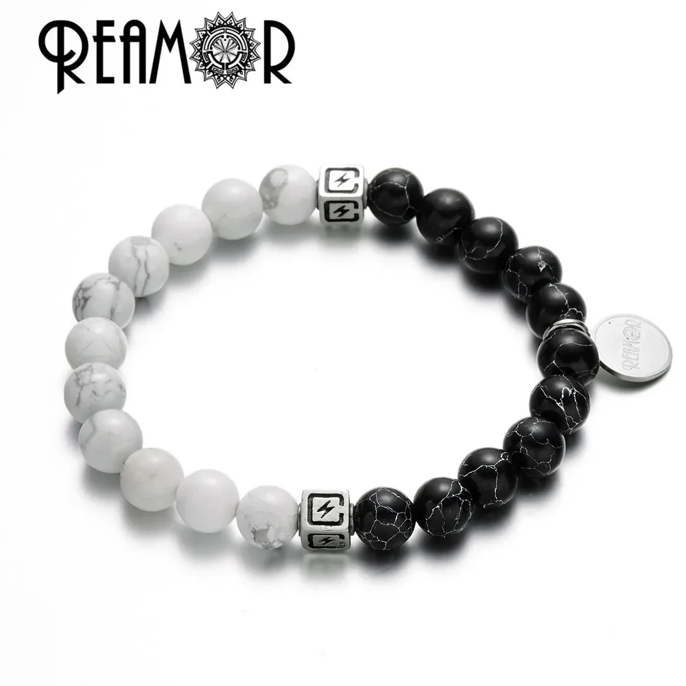 REAMOR kamień naturalny biały howlit i czarne turkusy bransoletki Yin Yang stal nierdzewna błyskawica bransoletki z koralików mężczyźni kobiety