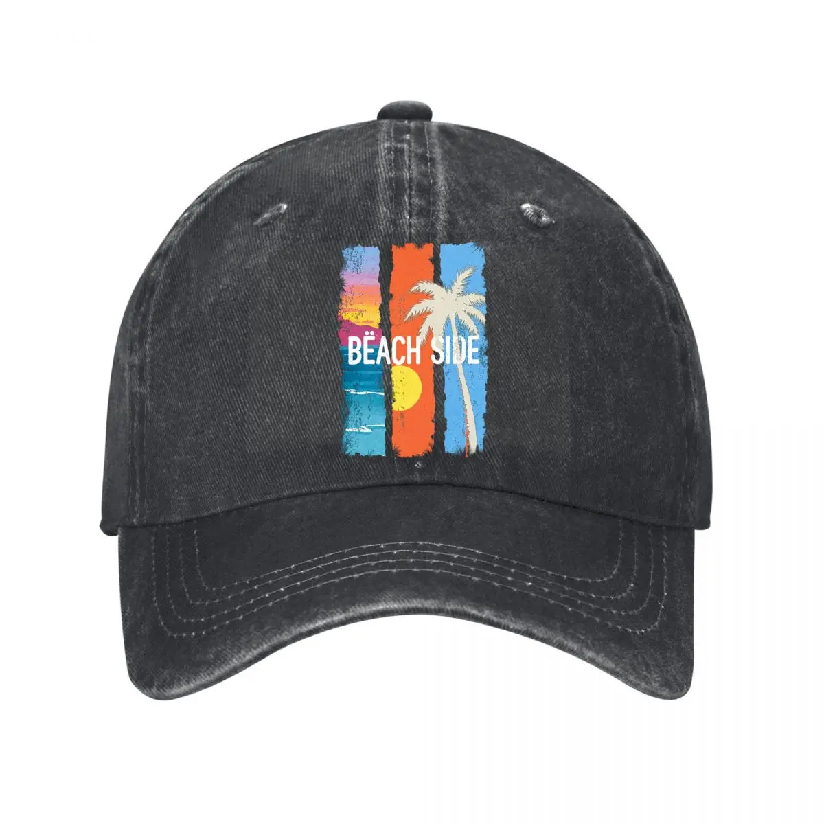 Beach Side Tropical Palm Tree Sunset Graphic Washed Baseball Cap Outdoor Hat
