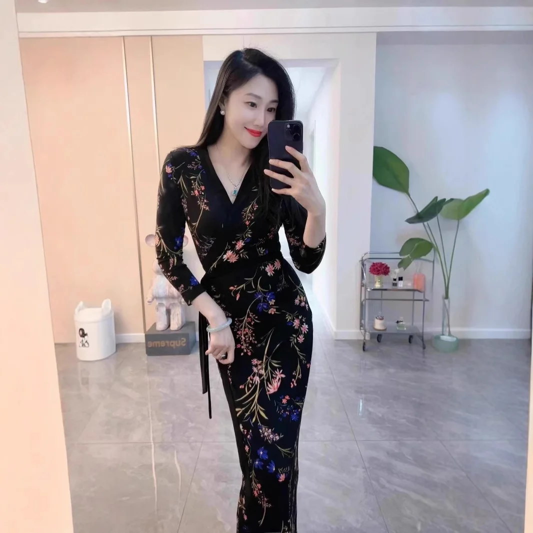 

New Chinese Sle Retro Print Wrap Dr Slimming Elastic Waist High Waist Long Skirt Vintage Floral Print Summer D...