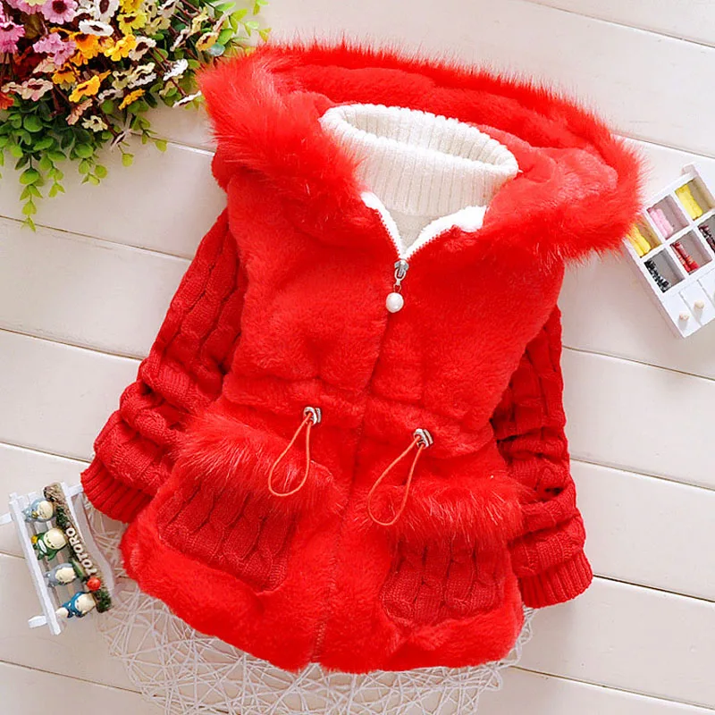 1 2 3 4 Years Old Winter Girls Jacket Plush Wool Splicing Plus Velvet Thickening Keep Warm Slim Outerwear Kids Windbreaker Coat