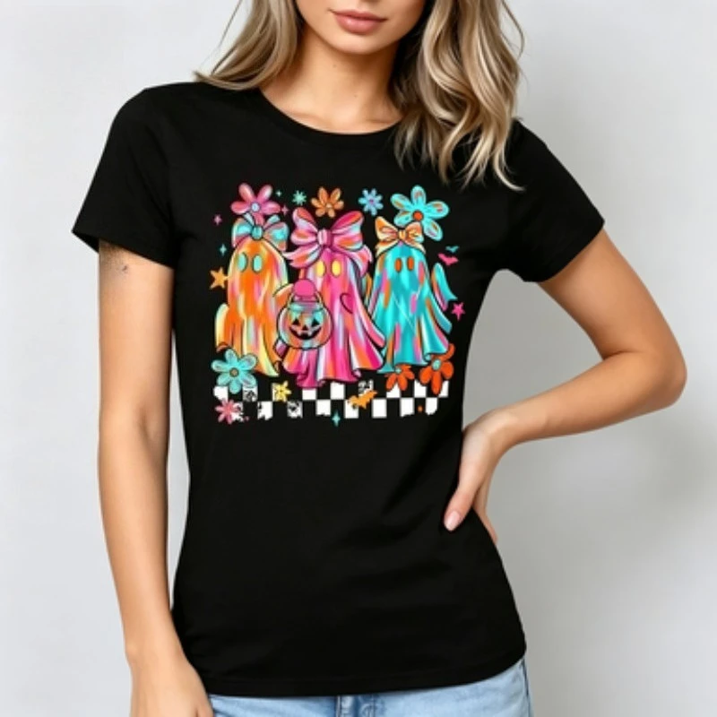 Women Modal Crew Neck T‑Shirt Cute Tie‑Dye Ghost Bow Flower Print Short Sleeve Halloween Holiday Casual Ladies Standard Fit