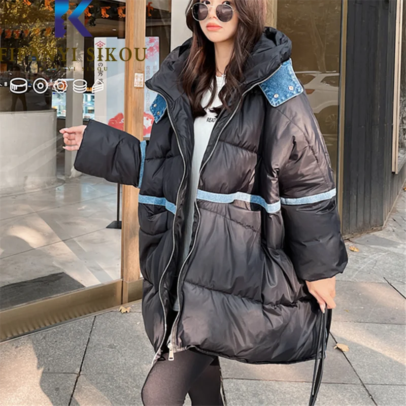 

Oversize Black Cotton Coat Women Winter Jacket Pocket Fashion Denim Spliced Loose Hooded Down Jackets Thick Warm Parkas Female