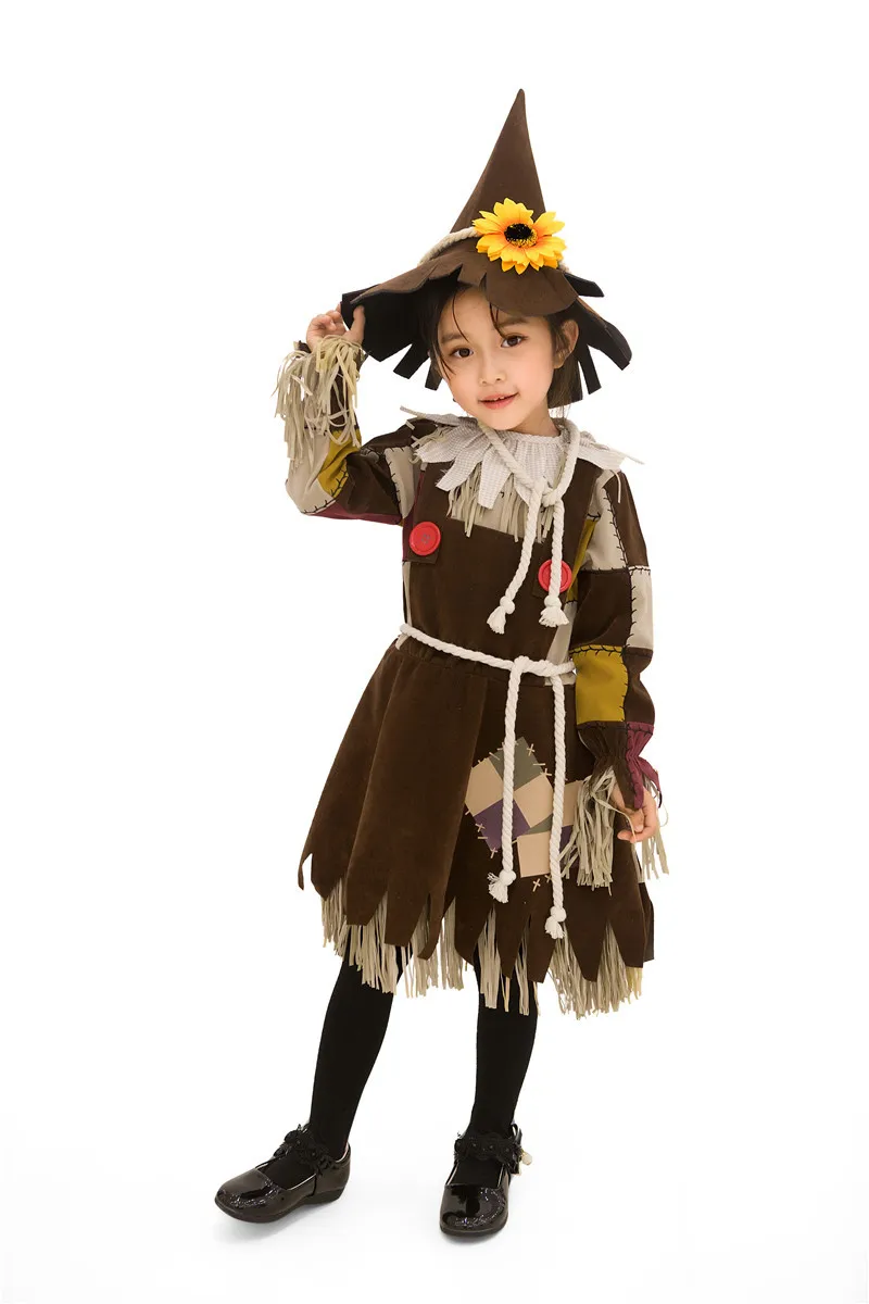 Halloween Vogelverschrikker Kostuum Pompoen Patch Vogelverschrikker Jurk Kinderen Cosplay De Tovenaar Van Kinderen Podiumshow Clown Circus Feestjurk