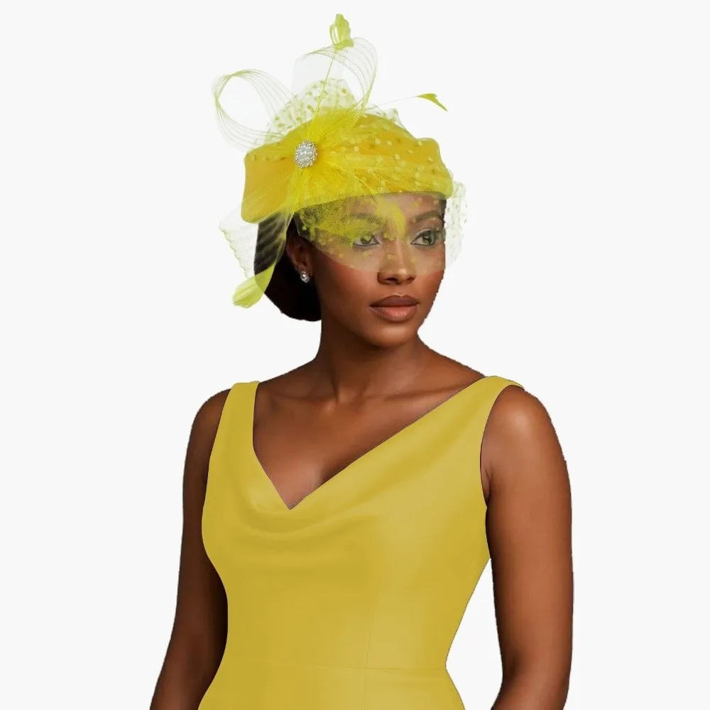 Chic Elegant Feather Mesh Fascinator Hat Polka Dot Veil Polyester Bridal Beret Ready to Wear Elegant Style Head Wrap Banquet
