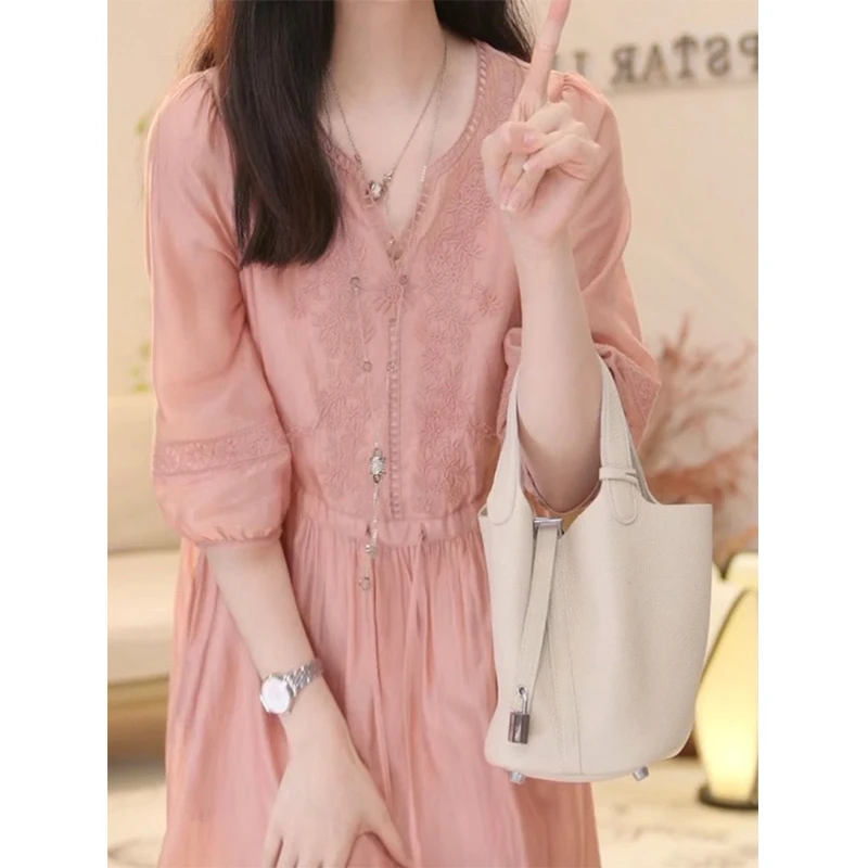 Summer Autumn Loose Casual Embroidery 3/4 Sleeve Robe Femme Literary Vintage Solid Color Comfortable Dress Women Midi Vestidos