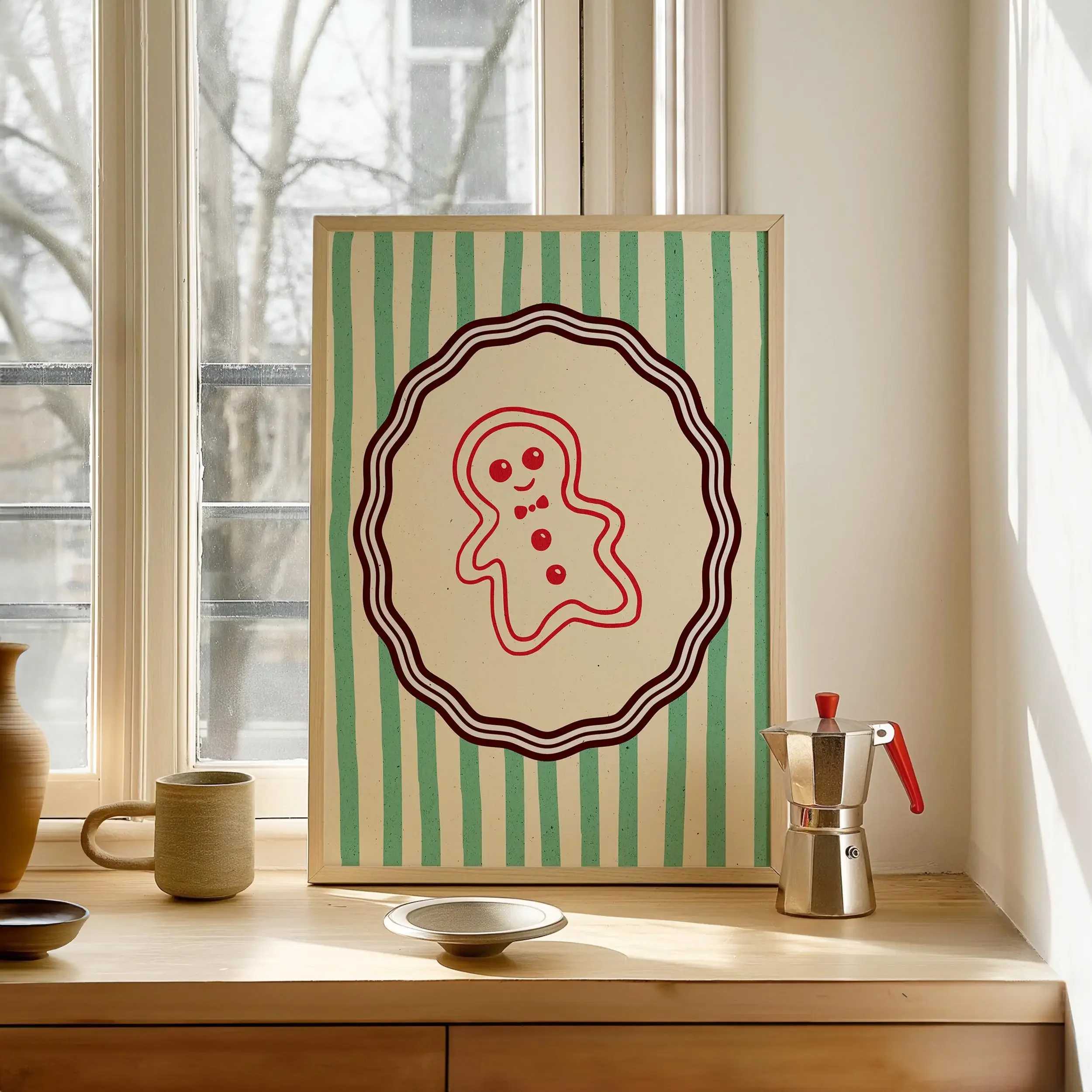 1pc frameless Canvas Painting Vintage Gingerbread Christmas Poster Green Striped Kitchen Wall Art Poster - Holiday Cookie Canvas