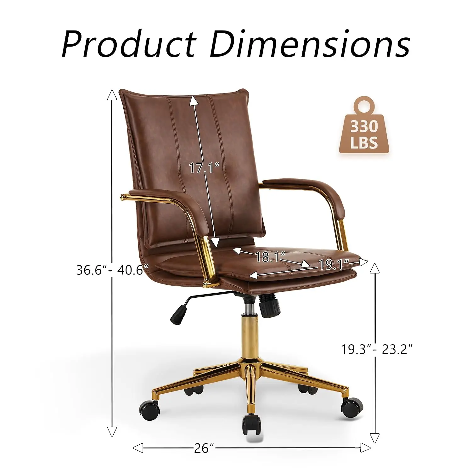 Ergonomic Leather Office Chair, Mid-Back Computer Desk Chair with Arms, Swivel Adjustable Rolling Chair, Gold Base, Customized