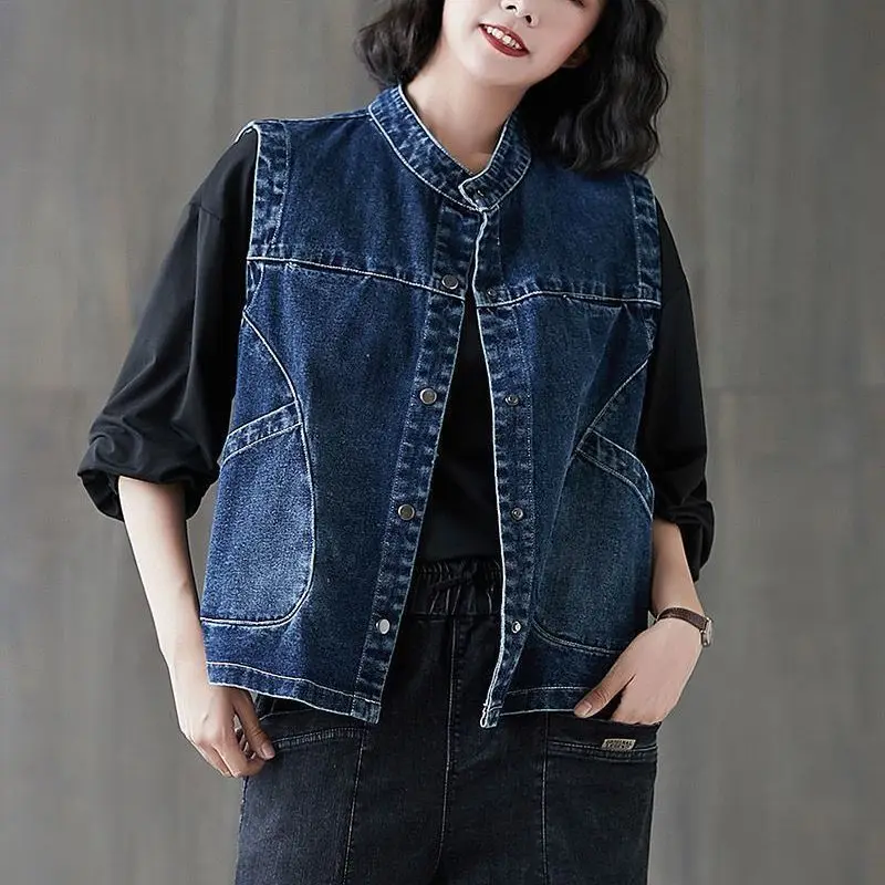 Summer Be All-match High Quality Women's Cowboy Vest Coat Sleeveless Tops Single-breasted Solid Color Denim Vests Outwear