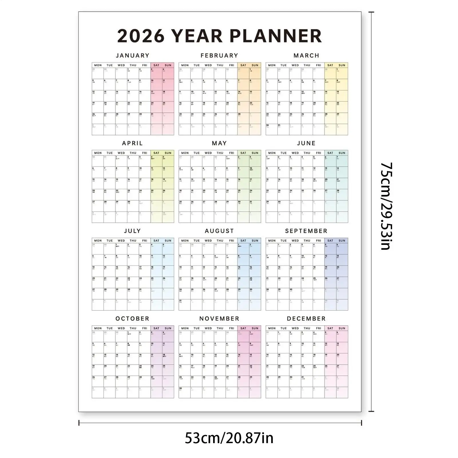 Calendario da parete 2026 Strumento di pianificazione di grandi dimensioni da 12 mesi Calendario mensile da appendere per dormitorio scolastico Camera da letto Studio Aula Ufficio