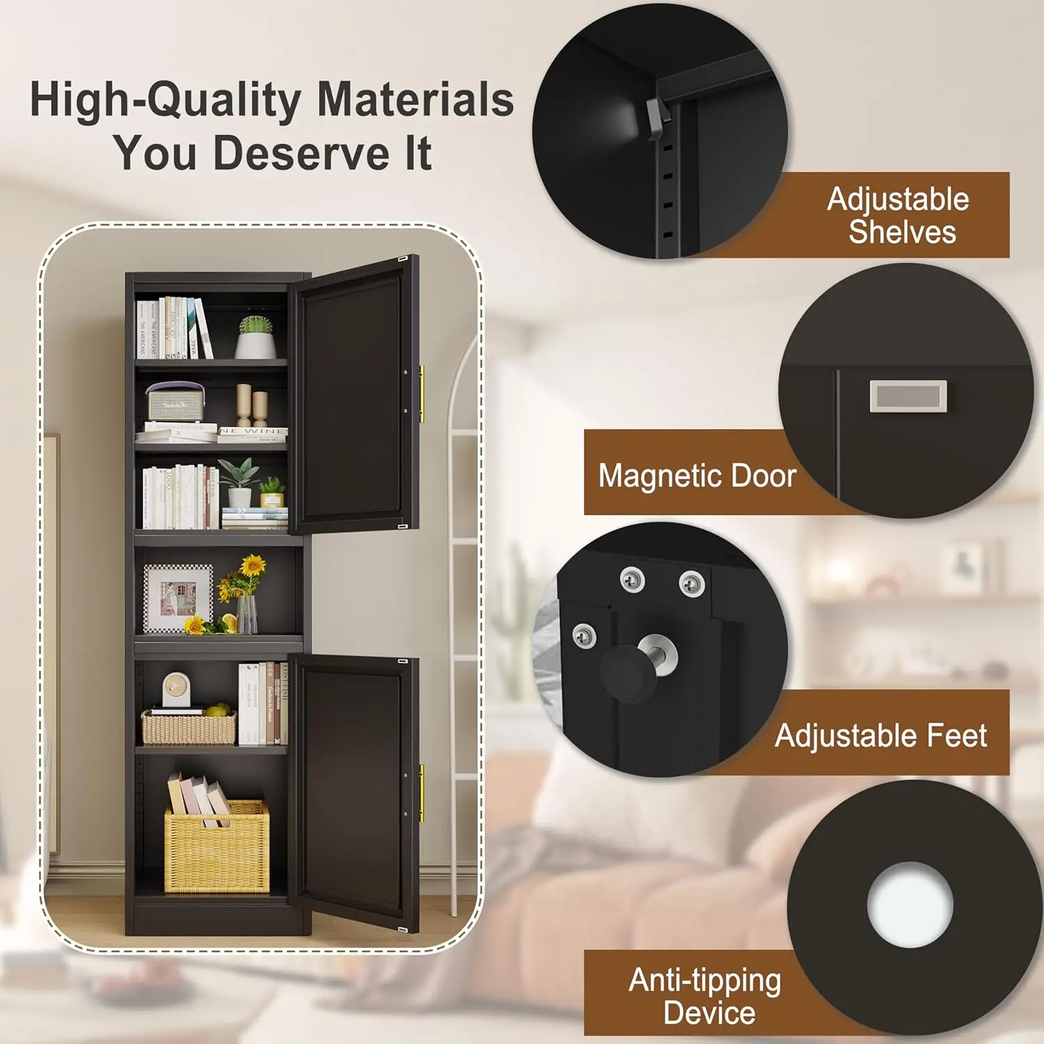 67' Tall Narrow Metal Bathroom Cabinet with 2 Doors & 4 Adjustable Shelves, Black Standing Pantry for Kitchen, Dining Room, Livi