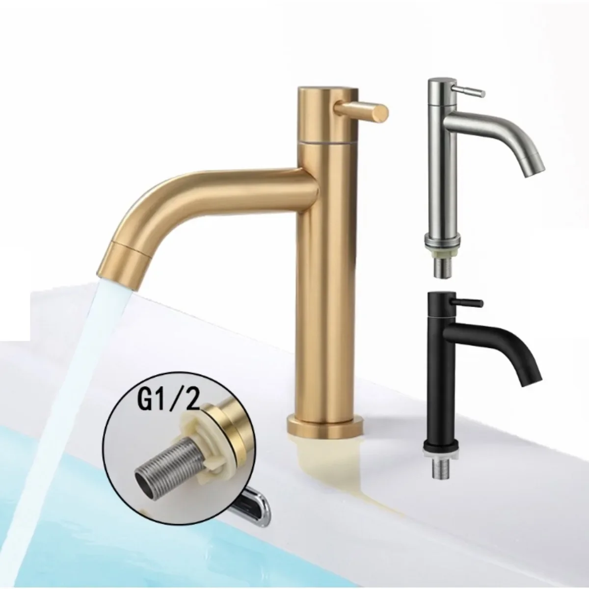 

Bathroom Basin Faucet 1/2Inch 304 Stainless Steel Single Cold Water Tap Gold Black Silver Color Deck Mounted Basin Sink Faucet