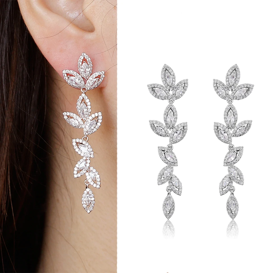 Luxury Polish Best Selling Leaf CZ Long Drop Earrings for Women Elegant AAA Zircon Bridal Earring  Wedding Party Jewelry