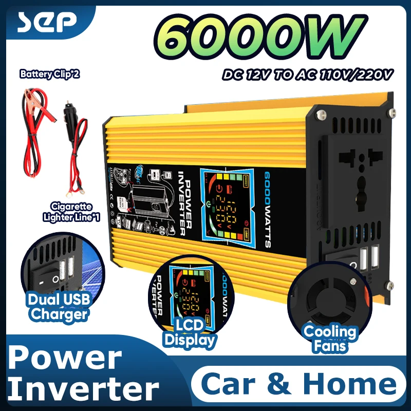 6000W Inverter Conversion Usb Charger With Battery Clip 12V to 220V110V Car Solar Power Converter Voltage Smart LCD Display